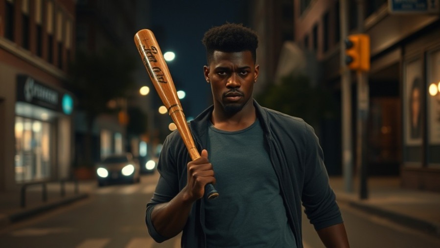 Young man with baseball bat walking at night in Austin, highlighting public safety concerns.