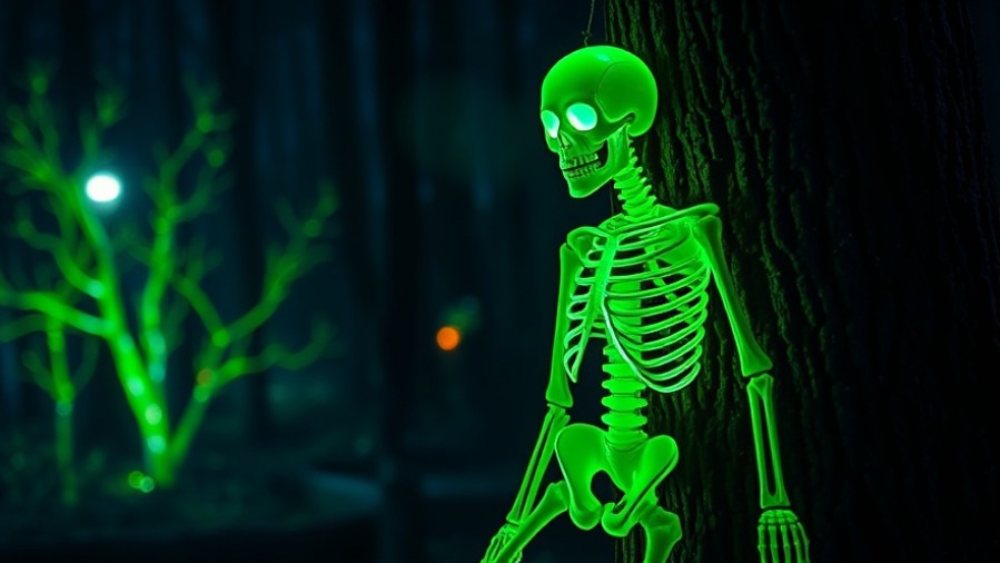 Eerie green skeleton decorations in a dark forest, showcasing Halloween safety in neighborhoods.