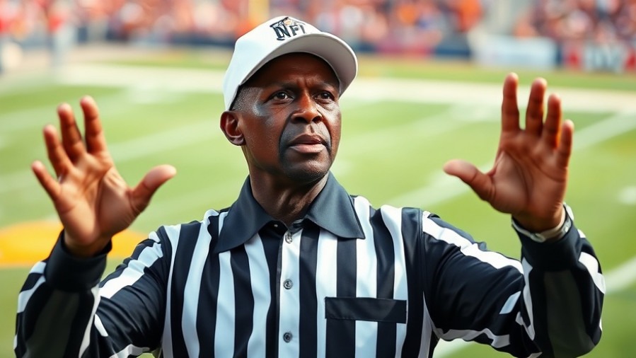 Older black NFL referee making a decisive call, showcasing impactful sports moments.
