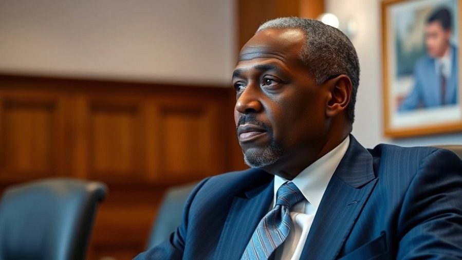 Thoughtful older black man in blue suit discusses workforce education in a formal conference room.