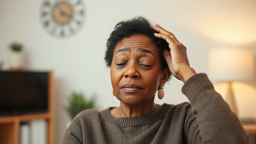 Middle-aged black woman with dizziness symptoms, holding her head for brain tumor awareness.
