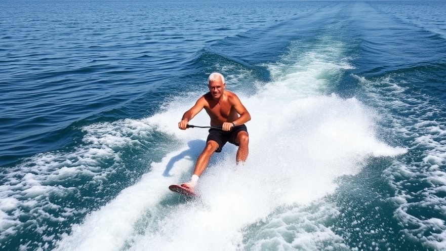 Older man water skiing, showcasing healthy aging habits and active longevity lifestyle.