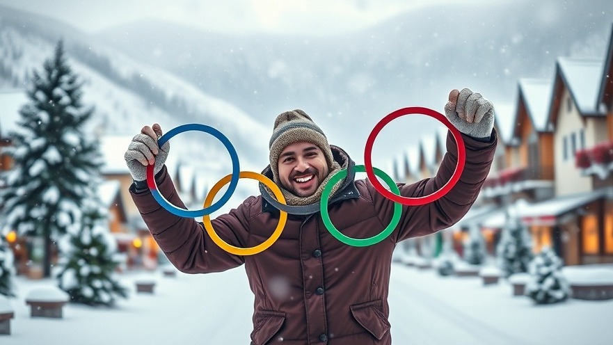 Cheerful individual with Olympic rings in snowy San Antonio setting, perfect for local entertainment.