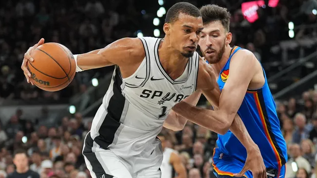 San Antonio Spurs vs OKC game highlights poster featuring two players.