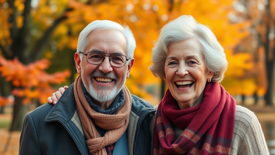 Joyful older couple in autumn park showcasing the benefits of a balanced diet for healthspan.