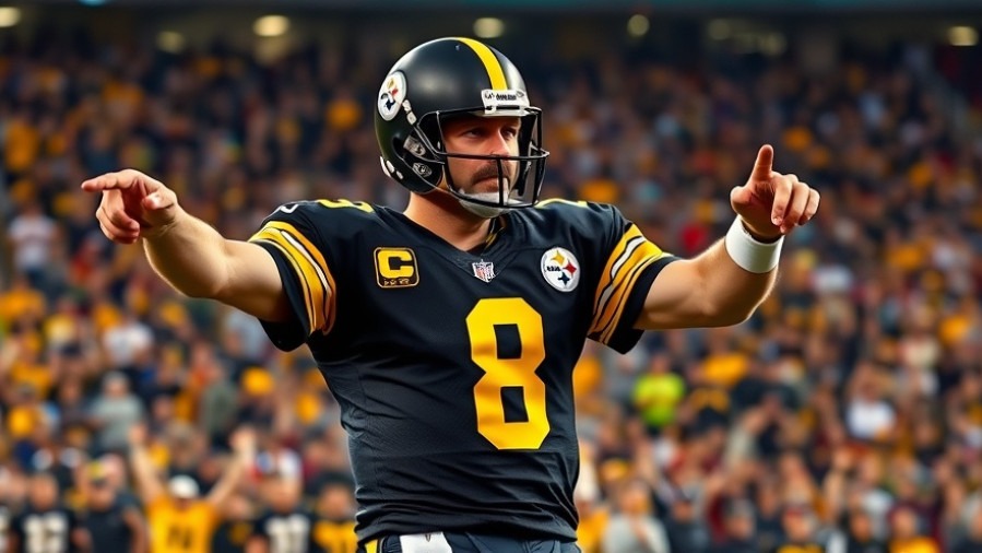 Pittsburgh Steelers quarterback Aaron Rodgers confidently signaling in vibrant stadium.