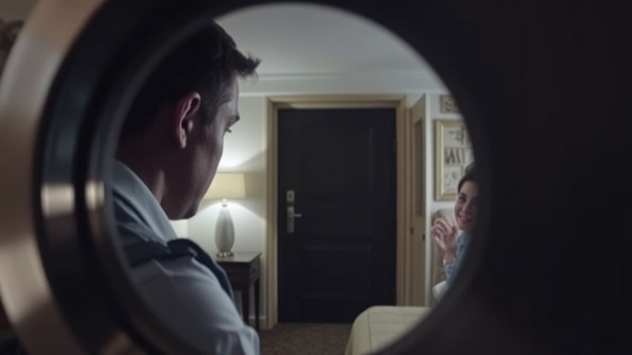 Man peering through a peephole, highlighting concerns around San Antonio campus safety.