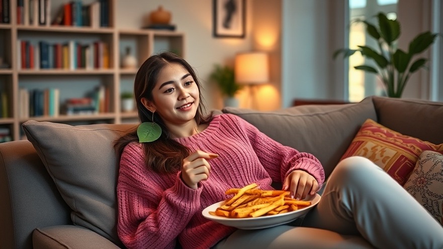 Woman in pink sweater relaxing with fries, reflecting hormonal fluctuations and emotional eating.