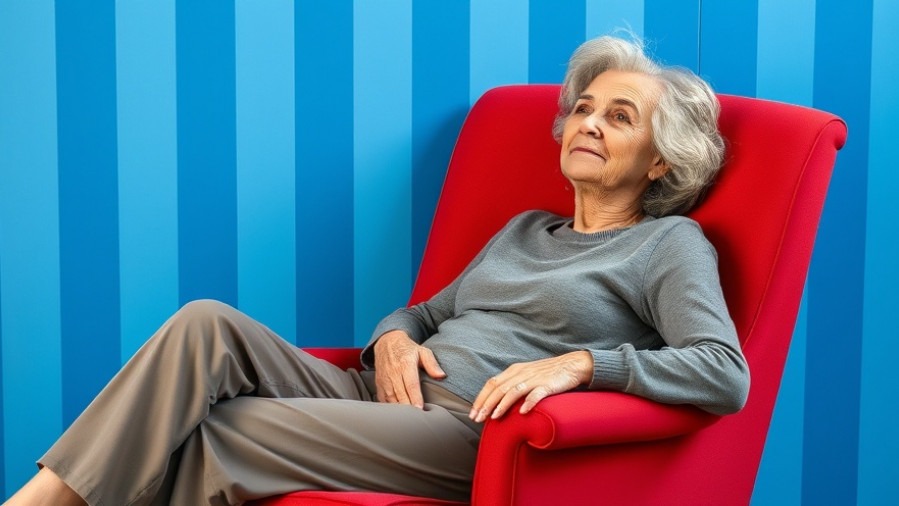 Older woman relaxing against a red chair, embracing mental wellness in a vibrant setting.
