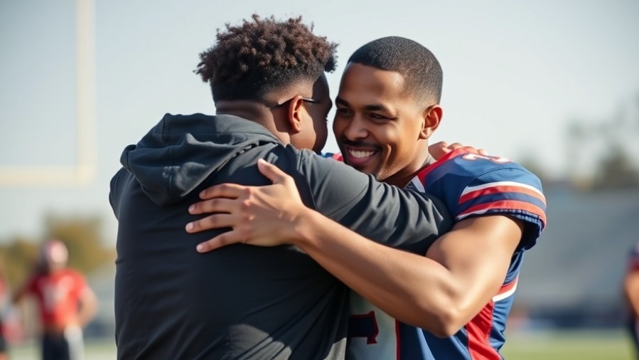 Young black athlete Solomon Thomas embraces his coach, highlighting mental health advocacy.