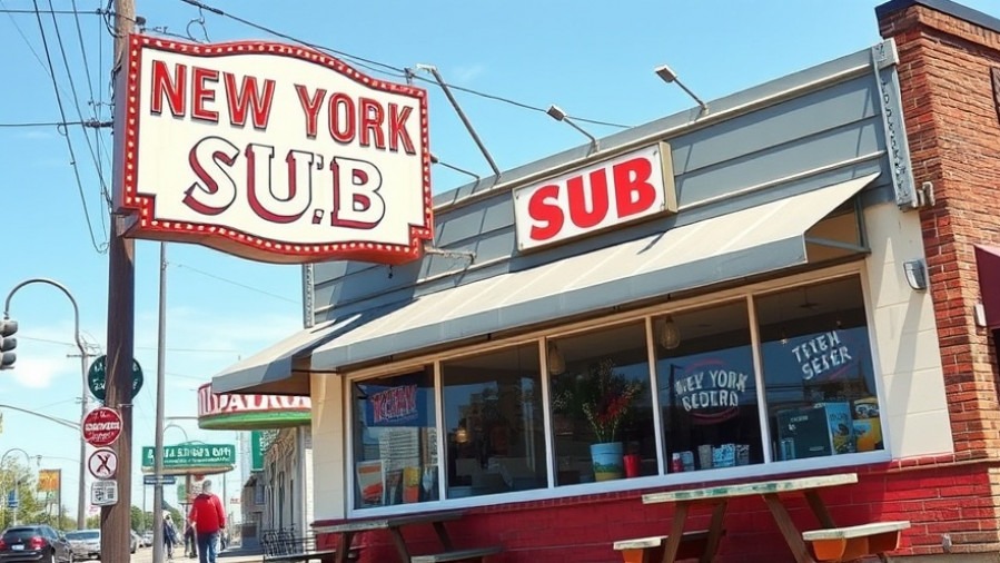 Charming New York-themed sandwich shop in Dallas, showcasing vibrant outdoor seating and signage.