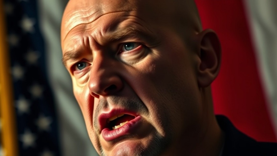 Intense man passionately discussing swing state analysis with American flag backdrop.