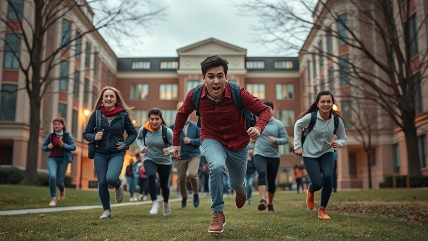 Frightened college students fleeing campus due to hoax threats amid FBI investigation.