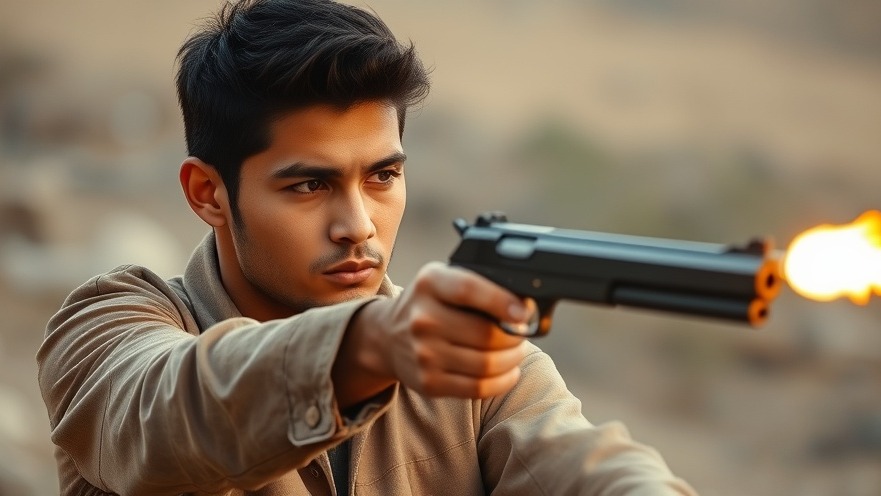 Young Hispanic male firing a pistol, reflecting youth violence prevention in Dallas crime news.