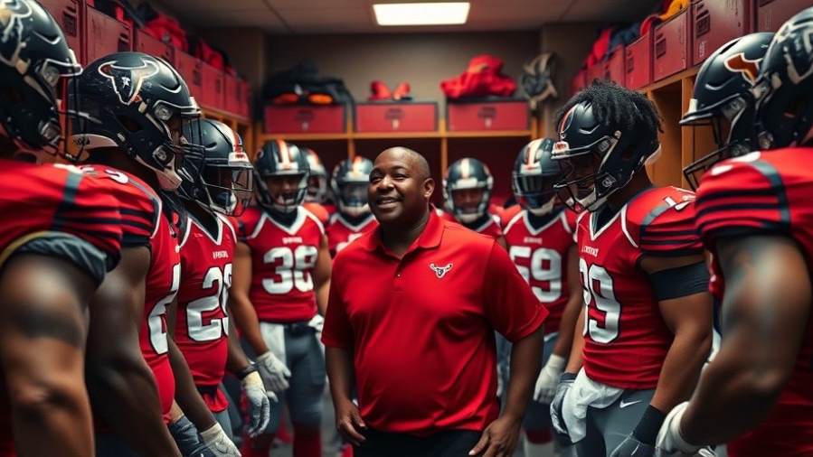 Houston Texans coach inspires players in vibrant locker room during NFL divisional game.