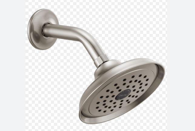 Houston apartment shower with water running, text about hot water crisis resolution.