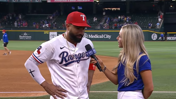 Ezequiel Durán interviewed after first walk-off, baseball stadium.