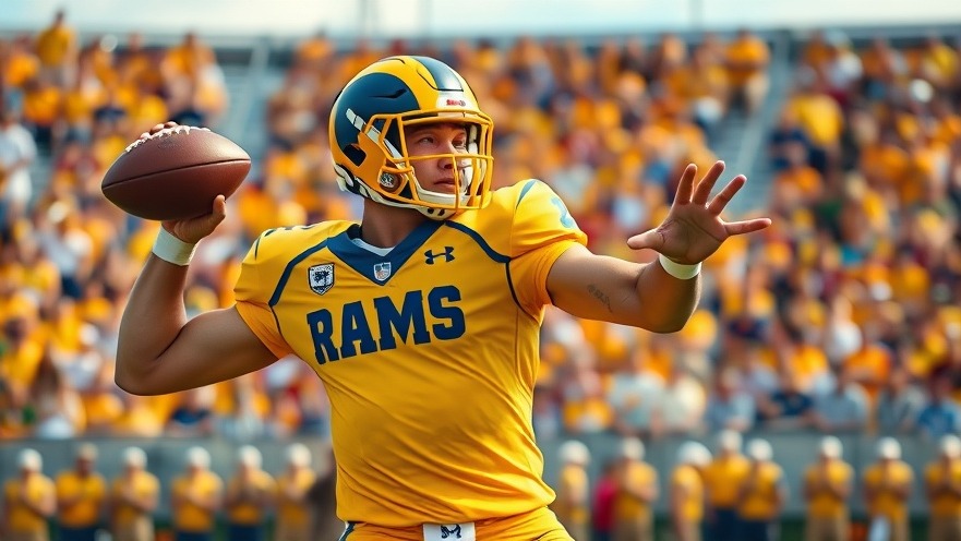 Matthew Stafford in Rams uniform ready to throw, capturing NFL MVP Award potential.