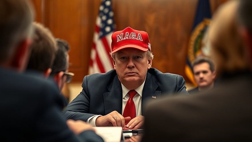 Trump in a red MAGA cap at a conference table, capturing recent Trump news.