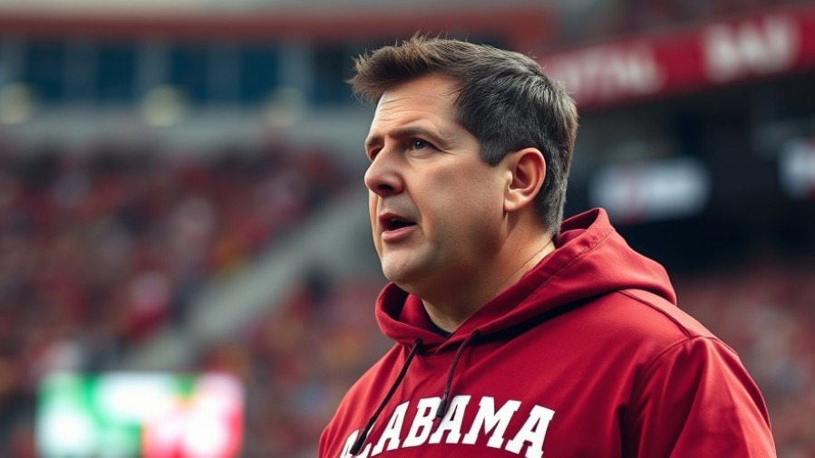 Passionate Alabama Crimson Tide coach in hoodie, dynamic stadium backdrop, College Football Playoff insight.