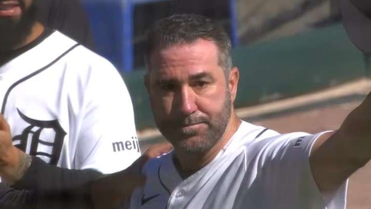 Justin Verlander's final career start highlights, emotional embrace.