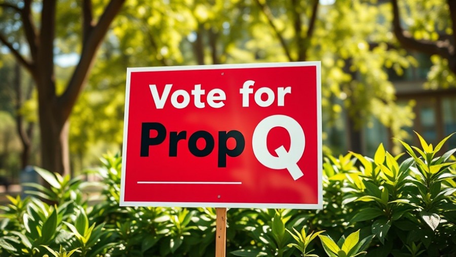 Photorealistic sign for Prop Q amidst greenery, promoting Austin elections.