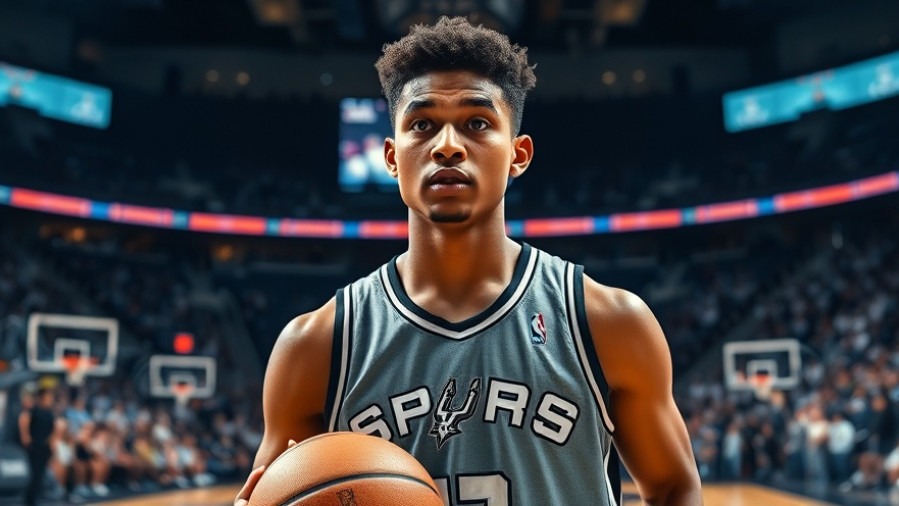 Young Spurs player showcasing NBA career milestones in a vibrant, dynamic arena.
