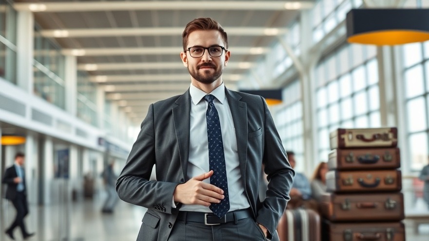 Confident businessman in airport terminal, showcasing San Antonio travel options.