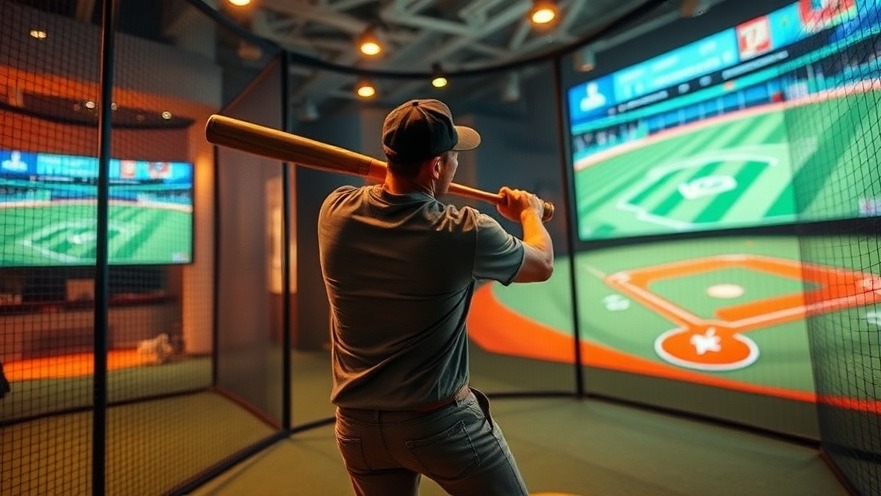 Indoor batting cage showcasing Dallas innovation hub with digital sports interface.