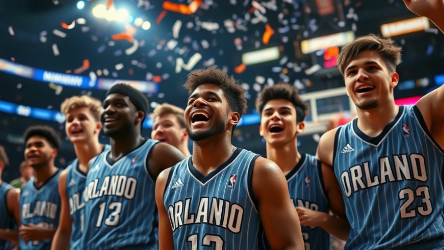 Orlando Magic players celebrating victory in the NBA Cup semifinals, confetti falling.