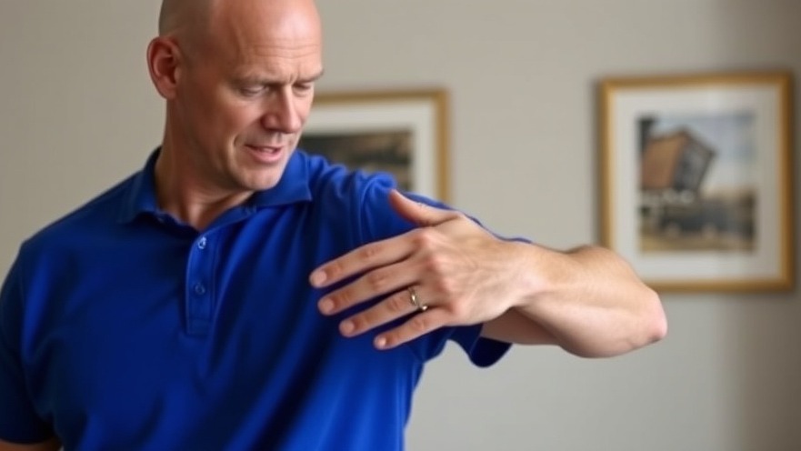 Bald man demonstrating shoulder exercise in blue shirt for anxiety management for retirees.