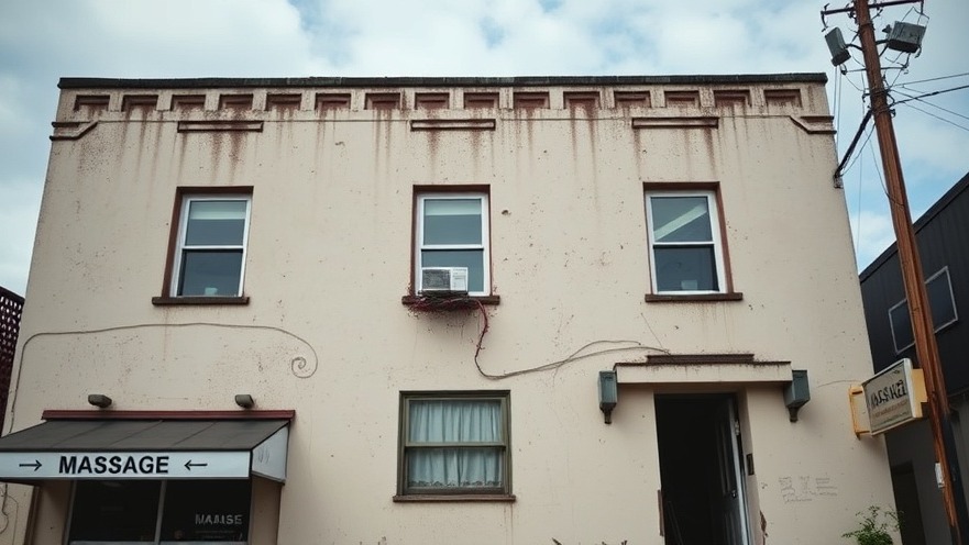 Seedy building with 'MASSAGE' sign, linked to Pflugerville public safety allegations.