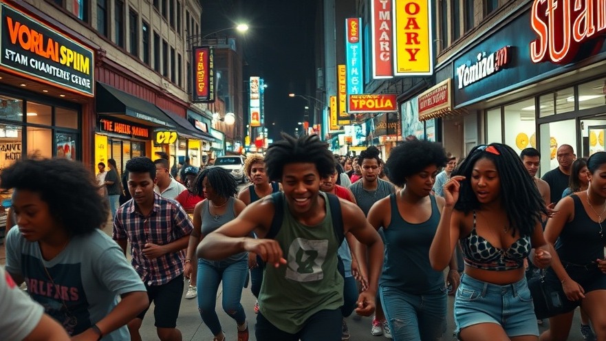 Energetic black teen groups vibrant in youth culture amid bright city lights.