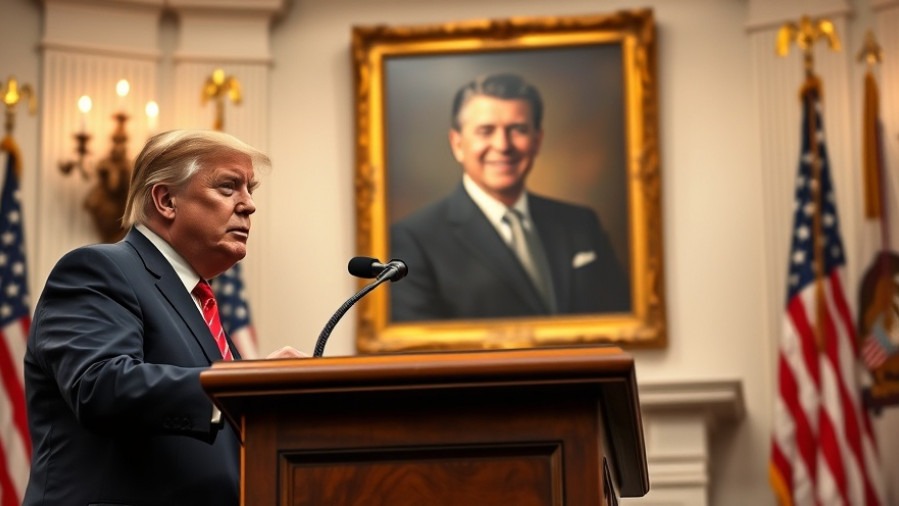 Trump at podium with Reagan portrait, highlighting government spending in defense industry.
