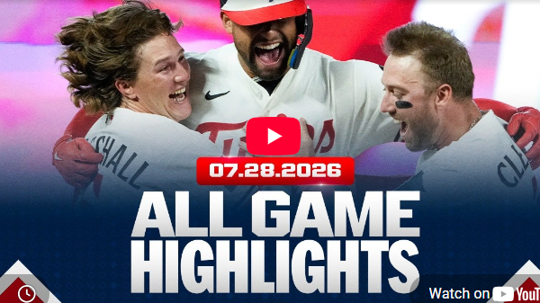 Baseball highlights July 28 celebration; players celebrating victory.