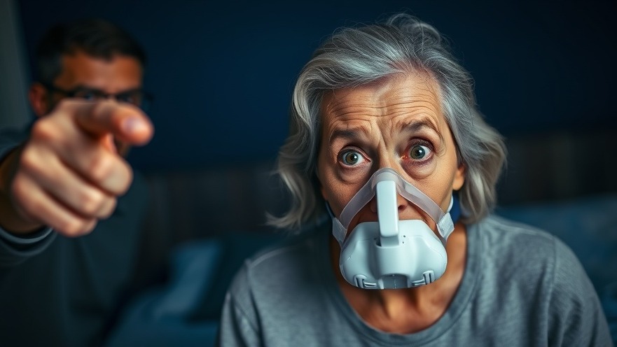Frustrated woman in CPAP mask highlighting sleep health challenges in a dark blue bedroom.