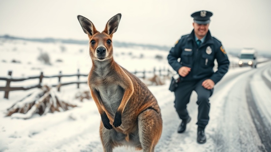 Curious kangaroo and smiling officer highlight wildlife encounters in snowy Virginia.