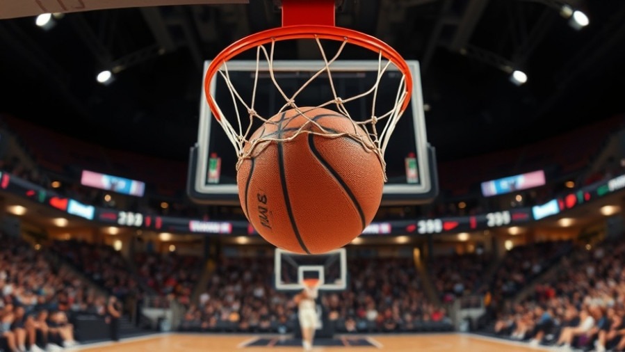 Basketball swishing through the hoop in an arena, highlighting college football scores excitement.
