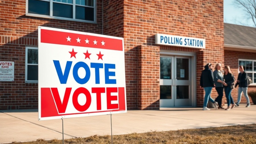 Photorealistic election sign promoting Texas elections 2026 outside a polling station.