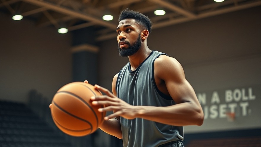 Intense tall athlete practicing basketball indoors, perfect for NBA playoffs focus.