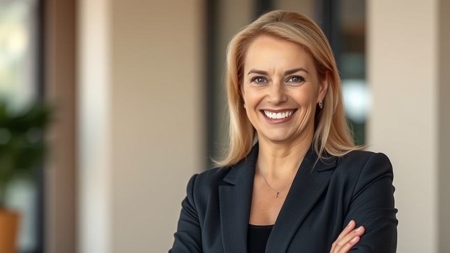 Smiling middle-aged blond woman in a business suit promoting local elections Frisco.