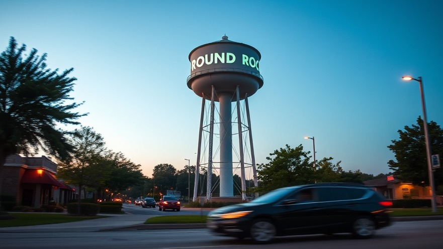 Photorealistic dusk view of Round Rock's iconic water tower symbolizing startup success stories.