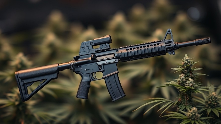 AR-15 style weapon over cannabis background highlights gun rights and drug use laws.
