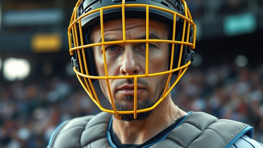 Intense baseball catcher in yellow mask, showcasing MLB humor and player camaraderie.
