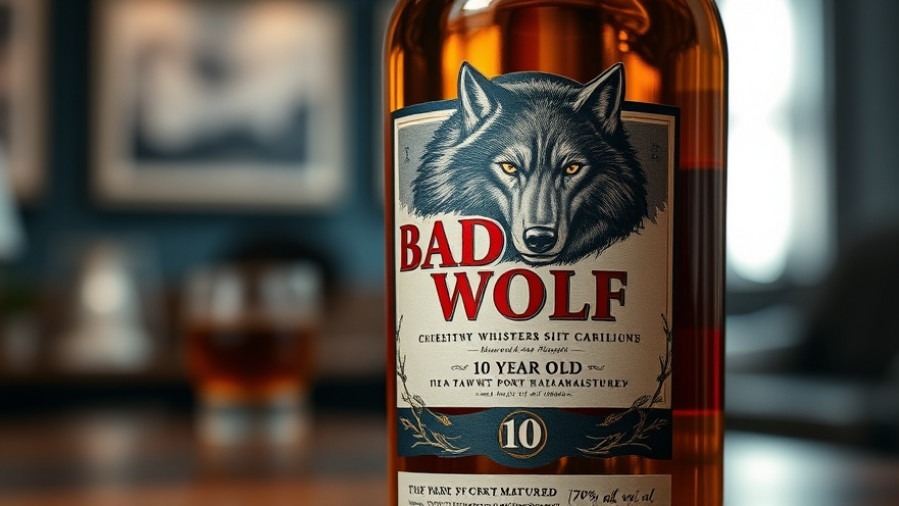 Close-up of Penderyn Icons of Wales whisky bottle with Bad Wolf design.