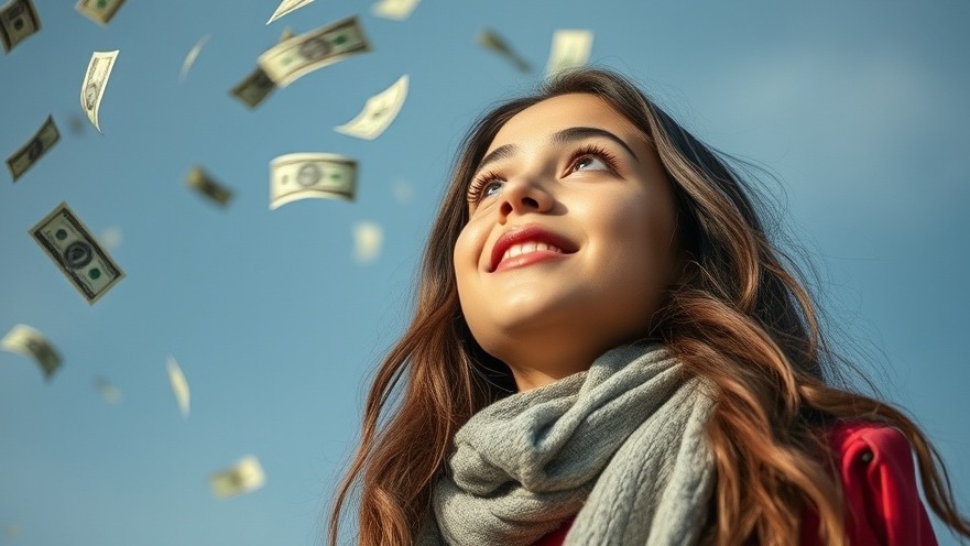 A young woman smiles as money rains down, symbolizing Texas news on lottery regulations.