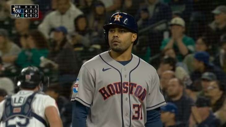 Mariners vs Astros game highlights showing players and team logos.