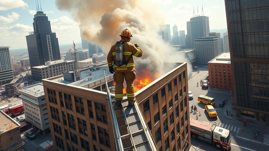 Courageous firefighter on ladder inspecting a smoking building in Austin's local business news.