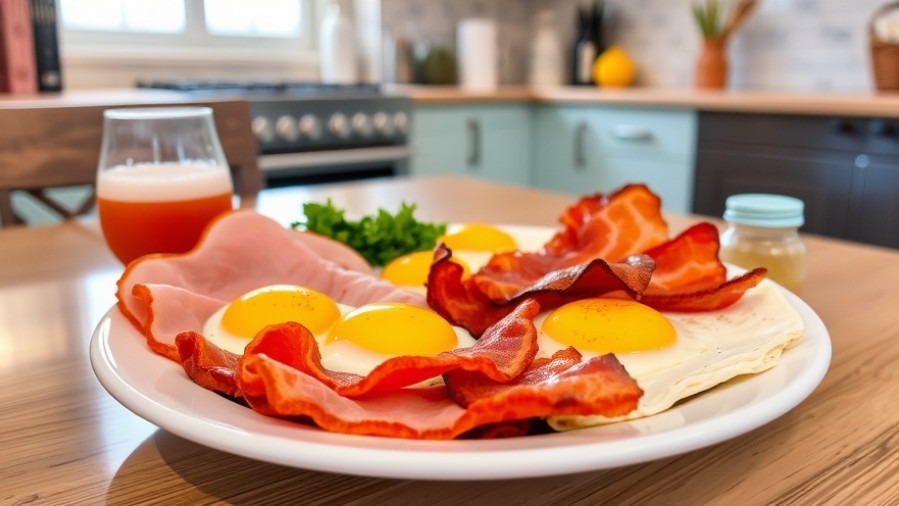 Delicious breakfast of ham, bacon, and eggs promoting mental wellness for seniors.