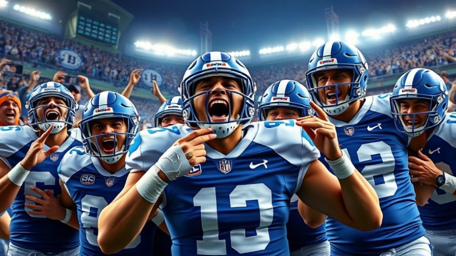 Emotional Duke football players celebrate as ACC champions in a vibrant stadium.
